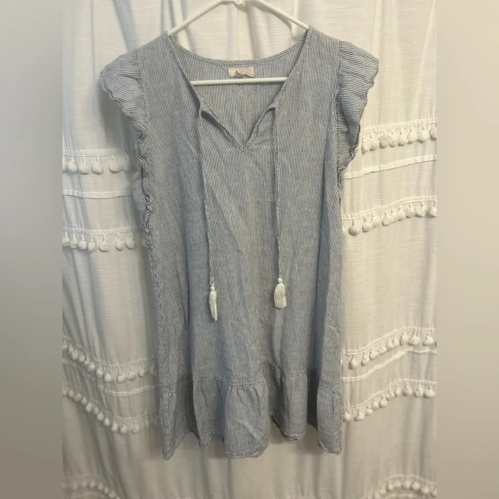 Cupid blue striped dress w tassels and ruffle sleeves size S